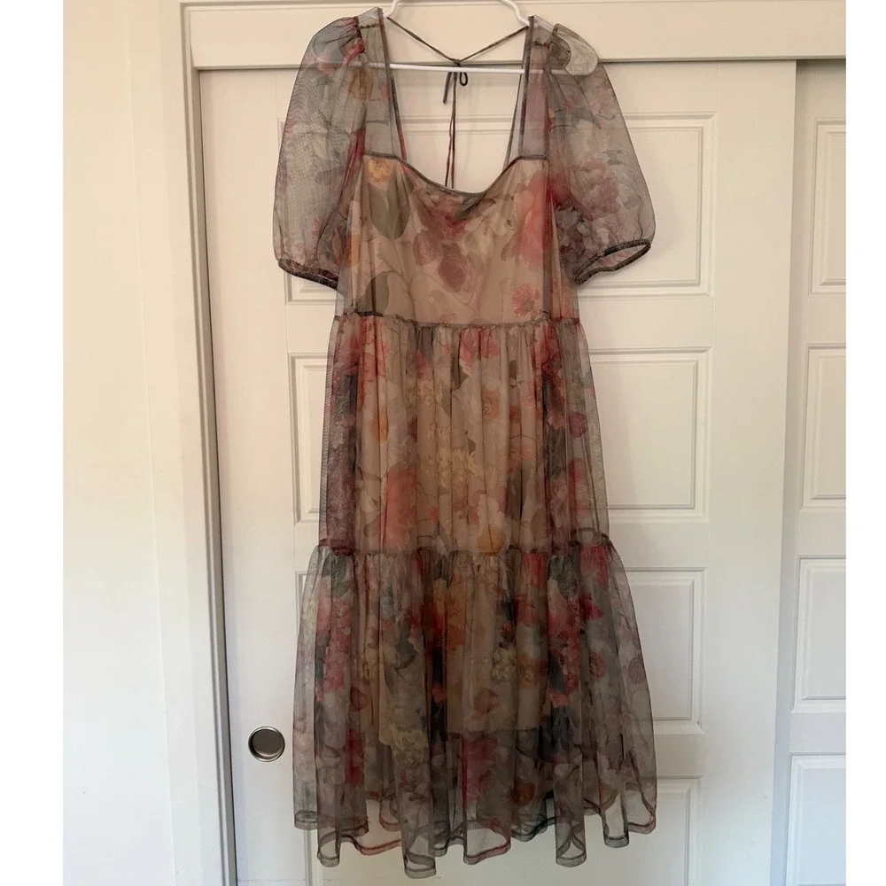 H&M sz M Sheer Floral Puff Sleeve Tiered Tulle Midi Maxi Dress Whimsical Fairy - Picture 10 of 14